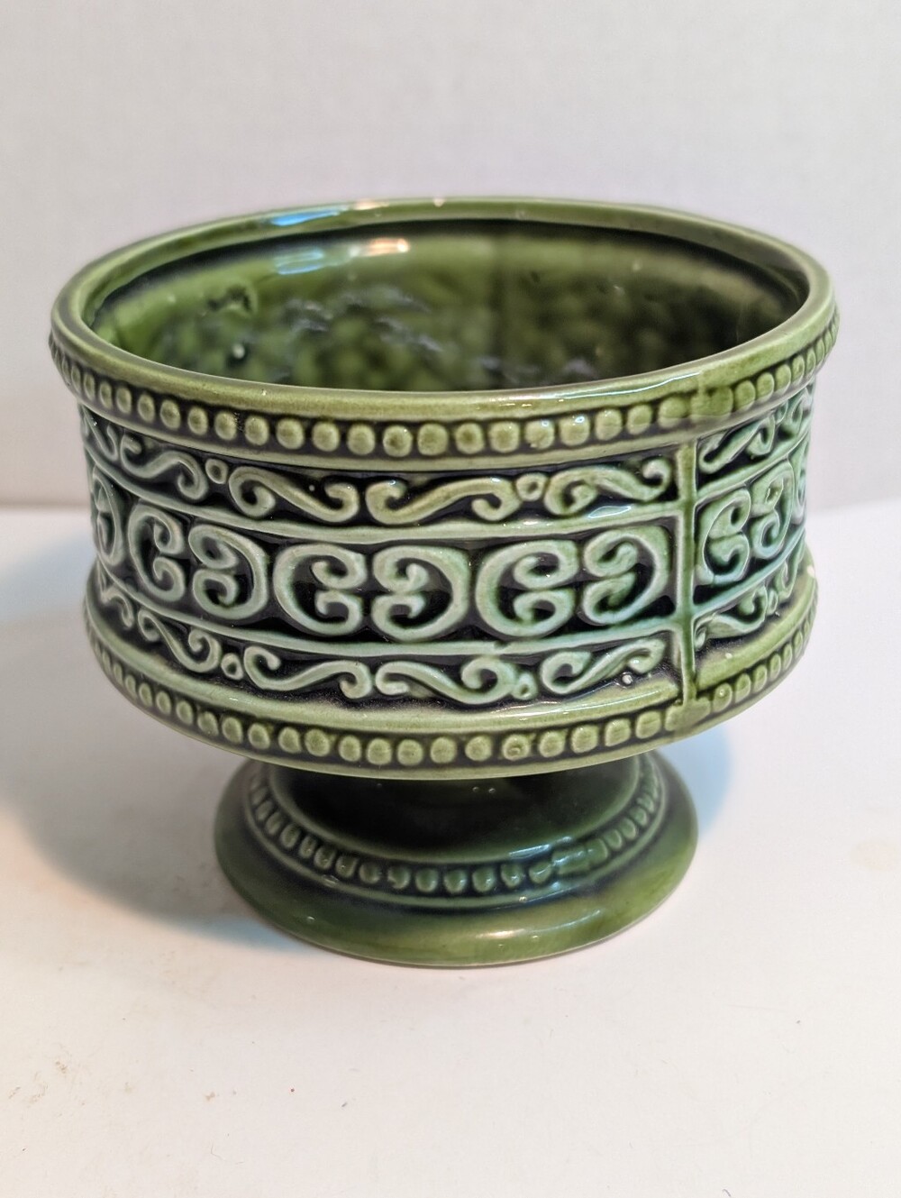 Vintage MCM Footed Pottery Candle Holder Avocado Green Ceramic Japan